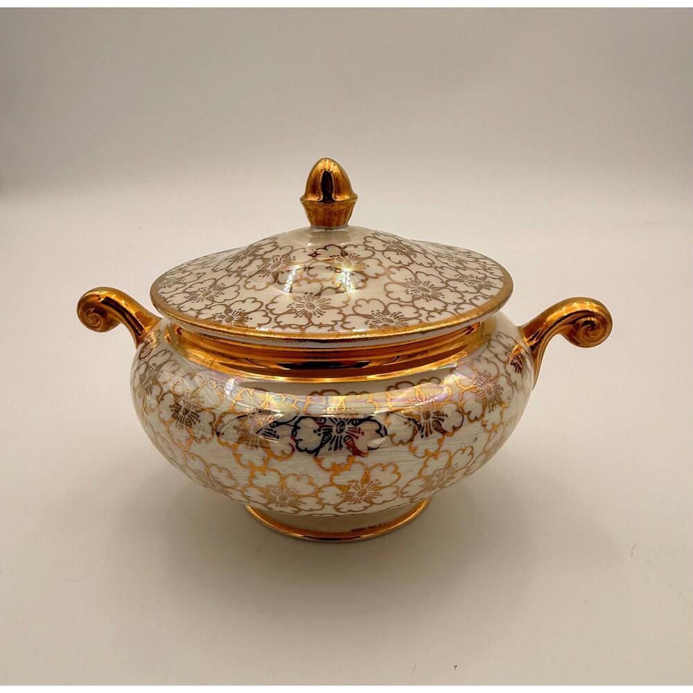 Vintage Geo Bowman Iridescent Porcelain Tea Set Gold Floral 3 Piece - Picture 13 of 16